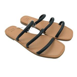 A New Day Wren Slide Sandals Triple Strap Square Toe Faux Leather Black Size 8